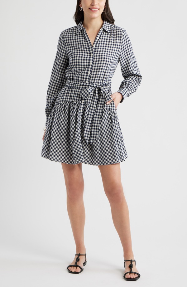 キャスロン レディース トップス ワンピース ミニ シャツ リネン Caslong Sleeve Linen Blend Mini Shirtdress NAVY STILL- IVORY BEA GINGHAM アイボリー｜ReVida 店