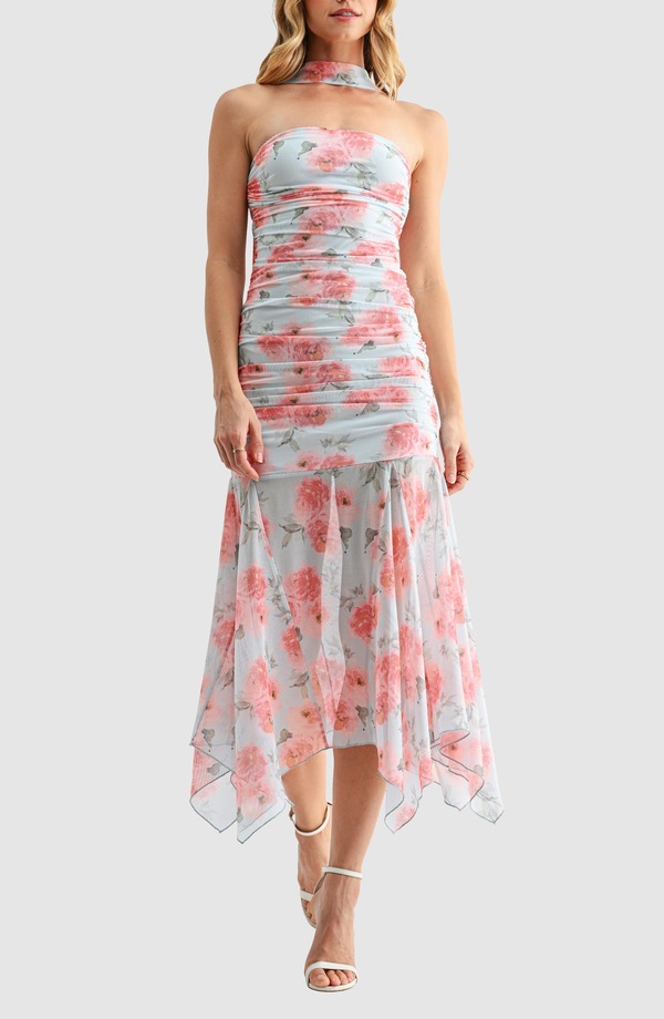 オールインフボール レディース トップス ワンピース フラワー柄 ギャザー ミディ フラワー All in Favor Floral Ruchedrop Waist Midi Dress with Removable Scarf BLUE MAUVE FLORAL ブルー｜ReVida 店