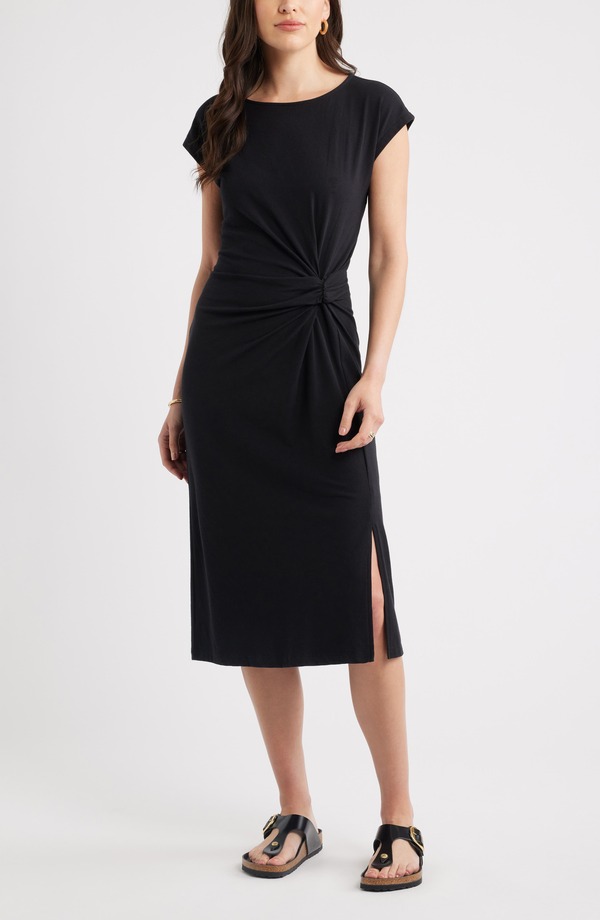 キャスロン レディース トップス ワンピース ミディ コットン ニット Caslon Twist Cotton Blend Knit Midi Dress BLACK ブラック｜ReVida 店