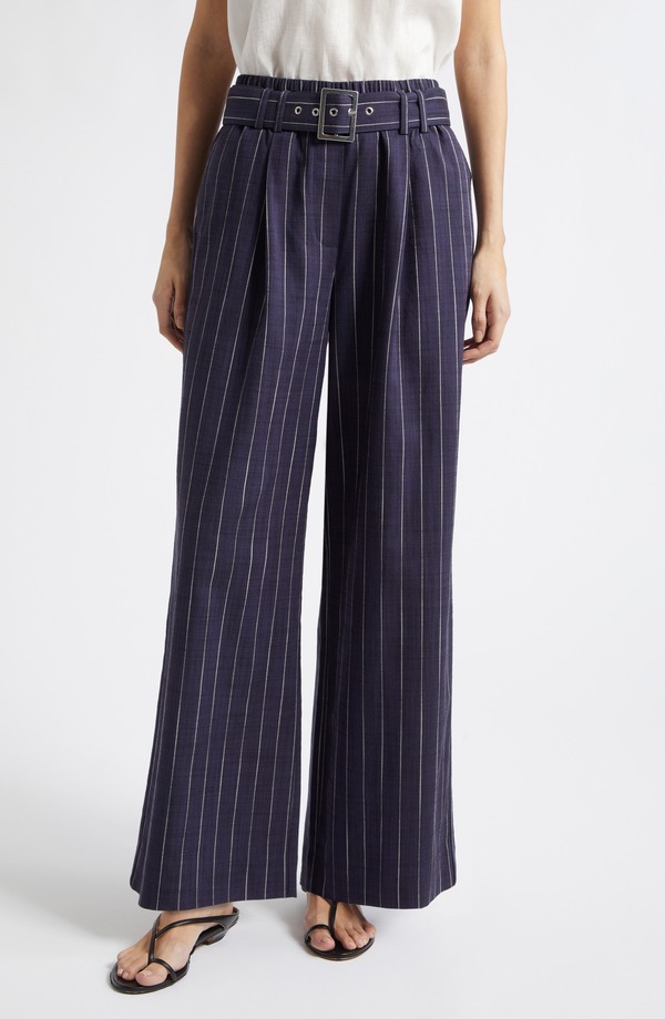 レイス レディース ボトムス レギンス ワイドレッグ パンツ Reiss Rae Stripe Belted Wide Leg Pants NAVY ネイビー｜ReVida 店