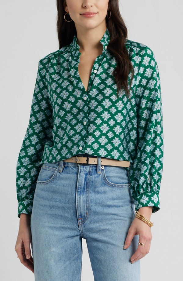 キャスロン レディース トップス シャツ フリル Caslon Ruffle Button-Up Shirt GREEN- BLUE MILLIE TILE ブルー｜ReVida 店