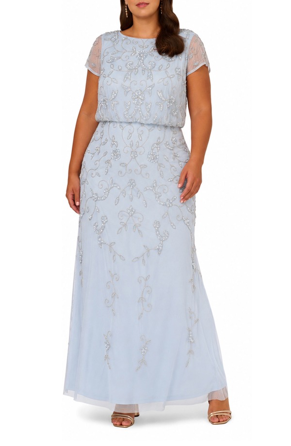 アドリアナ パペル レディース トップス ワンピース プラスサイズ メッシュ Adrianna Papell Beaded Mesh Gown (Plus) ELEGANT SKY｜ReVida 店