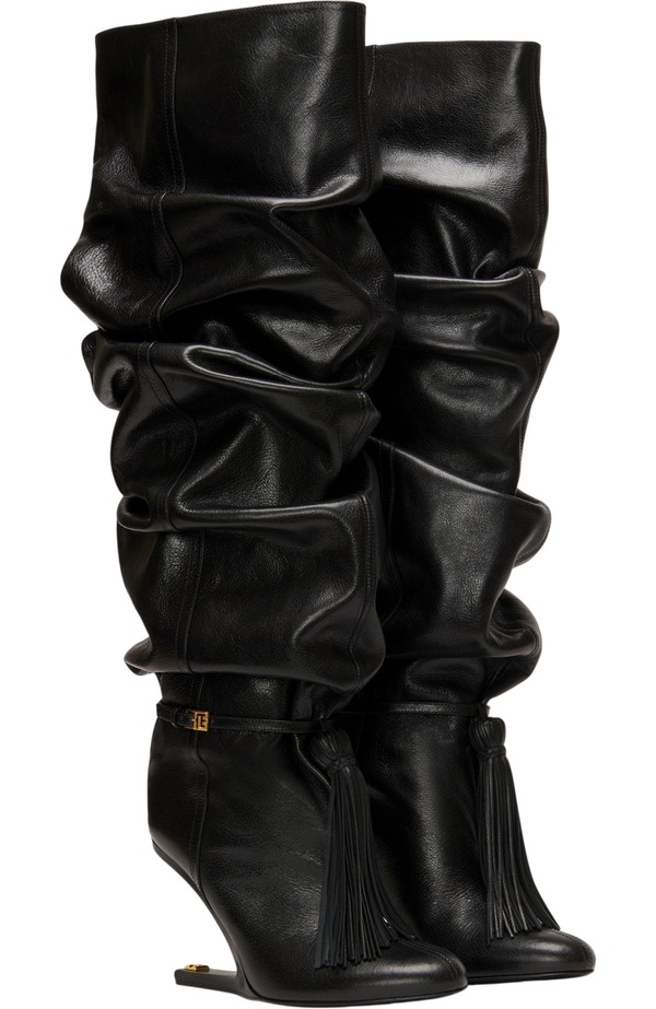 バルマン レディース シューズ スニーカー ブーツ レザー Balmaino Wedge textu red leather thigh-high boots with tassel (Women) black ブラック｜ReVida 店