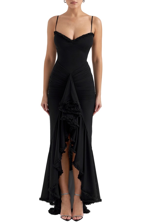 ハウスオブシービー レディース トップス ワンピース フリル HOUSE OF CB Gabbi Ruffle Front Gown BLACK ブラック｜ReVida 店