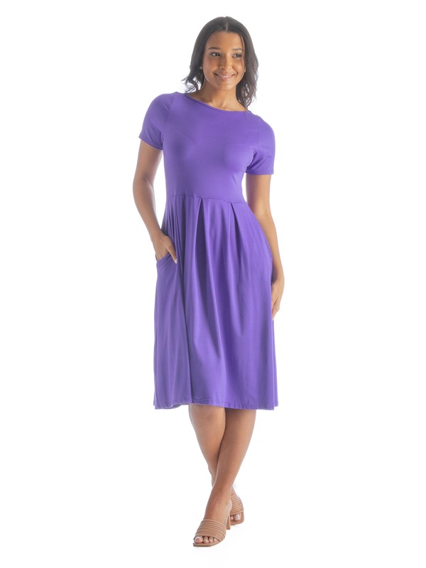 24 セブンコンフォート レディース トップス ワンピース プチ ミディ 24seven Comfort Apparel Petites Midi Dress with Short Sleeves and Pocket Detail (Petite) Lilac ライラック｜ReVida 店 9,571円
