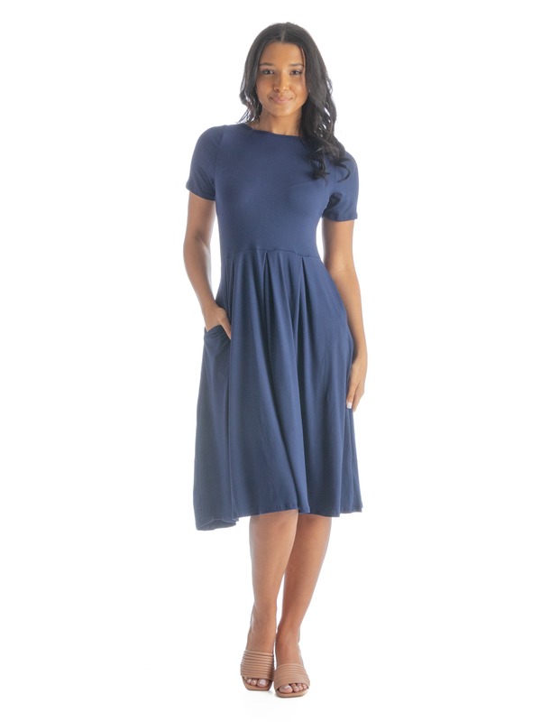 24 セブンコンフォート レディース トップス ワンピース プチ ミディ 24seven Comfort Apparel Petites Midi Dress with Short Sleeves and Pocket Detail (Petite) Navy ネイビー｜ReVida 店