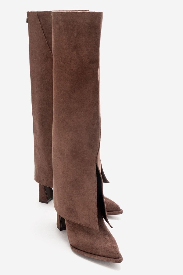 プロローグシューズ レディース ブーツ・レインブーツ ヒール Prologue Shoes Aja Block Heel Convertible Knee High Boot (Women) Brown Suede Faux Leather ブラウン｜ReVida 店