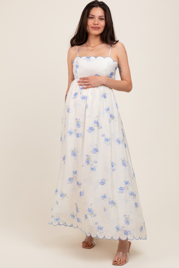 ピンクブラッシュ レディース トップス ワンピース カットアウト フラワー柄 マタニティ マキシ フラワー PinkBlush Floral Scallop Edge Back Cutout Maxi Dress (Maternity) Blue ブルー｜ReVida 店