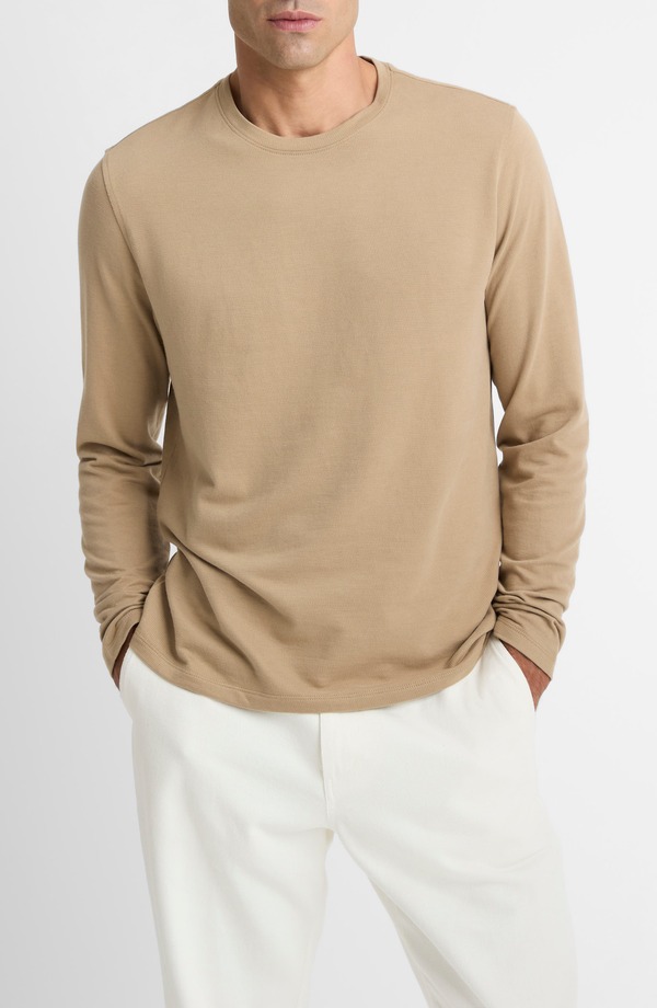 ヴィンス メンズ トップス Tシャツ クルーネック コットン Vince Bird's Eye Stitch Long Sleeve Pima Cotton Crewneck T-Shirt British Khaki/ Med Grey グレー｜ReVida 店 22,960円