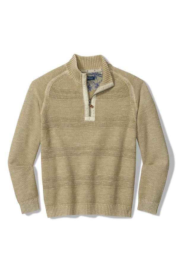 トッミーバハマ メンズ アウター パーカー・スウェット ハーフジップ セーター コットン Tommy Bahama Saltwater Textured Cotton Half Zip Sweater Abbey Stone ストーン