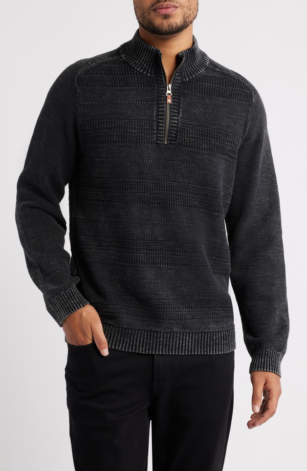 トッミーバハマ メンズ アウター パーカー・スウェット ハーフジップ セーター コットン Tommy Bahama Saltwater Textured Cotton Half Zip Sweater Black ブラック