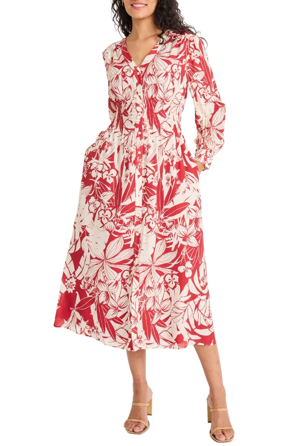 マギー英国の首都 レディース トップス 衣装 midi Maggy London Long Sleeve Button-Up Midi Dress Red/ Ivory 象牙色