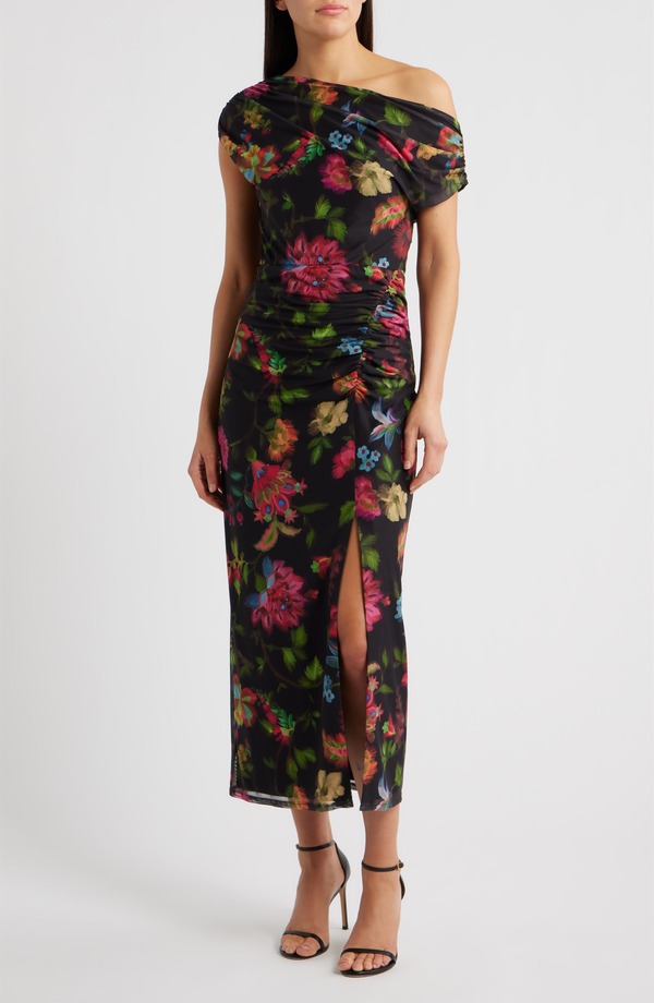 ヴィンスカムート レディース トップス 衣装 御花柄 メッシュ 一肩先 マキシ 御花 Vince Camuto Floral One-Shoulder Mesh Maxi Dress Black 黒いこと