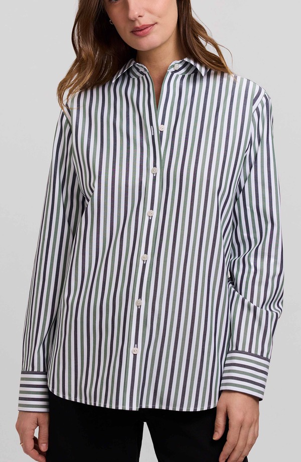 フォックスクラフト レディース トップス シャツ コットン Foxcroft Meghan Stripe Cotton Button-Up Shirt OLIVE GREEN/ MULTI グリーン｜ReVida 店