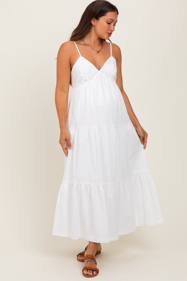 ピンクブラッシュ レディース ボトムス カジュアルパンツ マキシワンピース シャーリング マタニティ マキシ PinkBlush Crochet Flare Smocked Maxi Dress (Maternity) White ホワイト｜ReVida 店