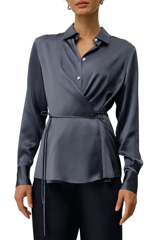 リリーシルク レディース トップス シャツ Lilysilk Women's Convertible Silk Charmeuse Shirt Night Lake|ReVida 店