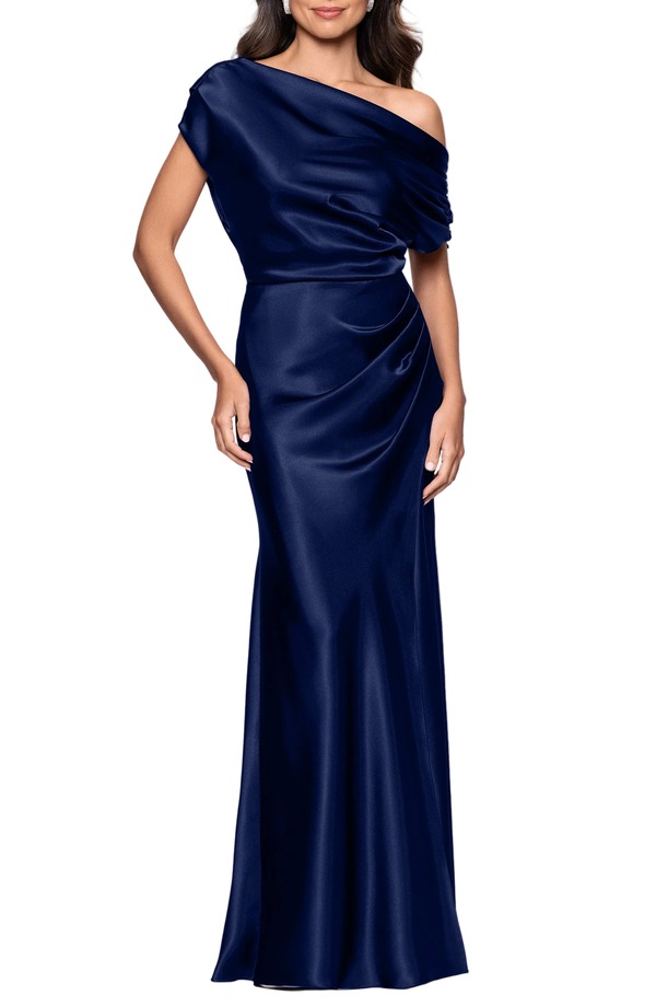 ベッツィアンドアダム レディース トップス ワンピース プチ ワンショルダー サテン Betsy & Adam One-Shoulder Satin Gown (Petite) NAVY ネイビー｜ReVida 店