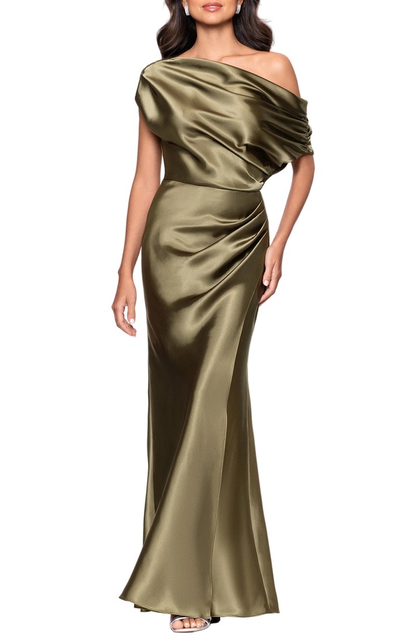ベッツィアンドアダム レディース トップス ワンピース プチ ワンショルダー サテン Betsy & Adam One-Shoulder Satin Gown (Petite) OLIVE オリーブ|ReVida 店