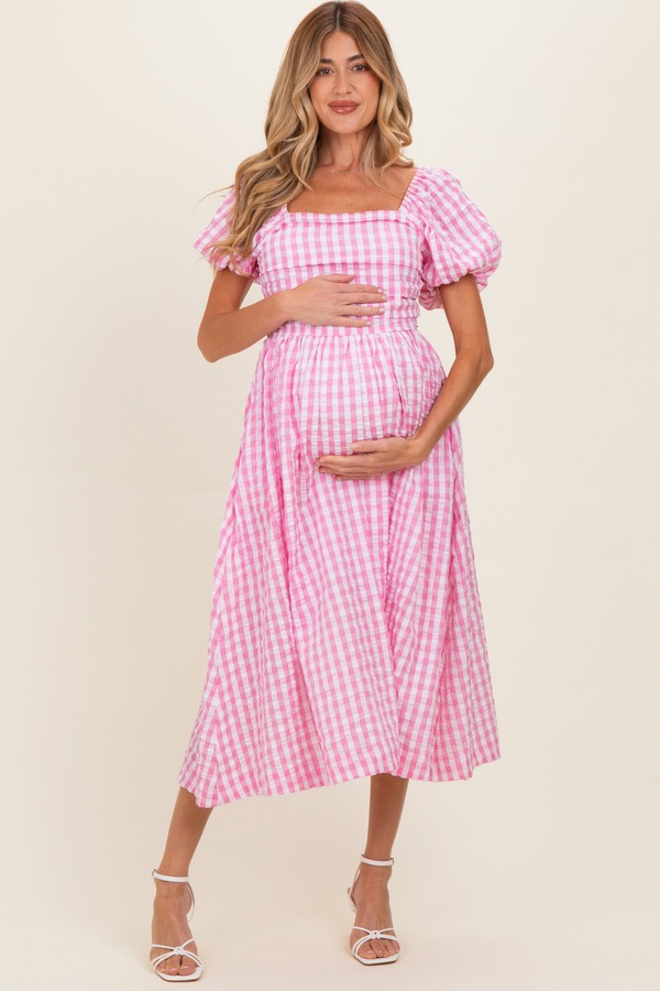 ピンクブラッシュ レディース トップス ワンピース ギンガムチェック ミディ マタニティ ギンガム PinkBlush Gingham Puff Sleeve Midi Dress (Maternity) Pink ピンク｜ReVida 店 20,146円
