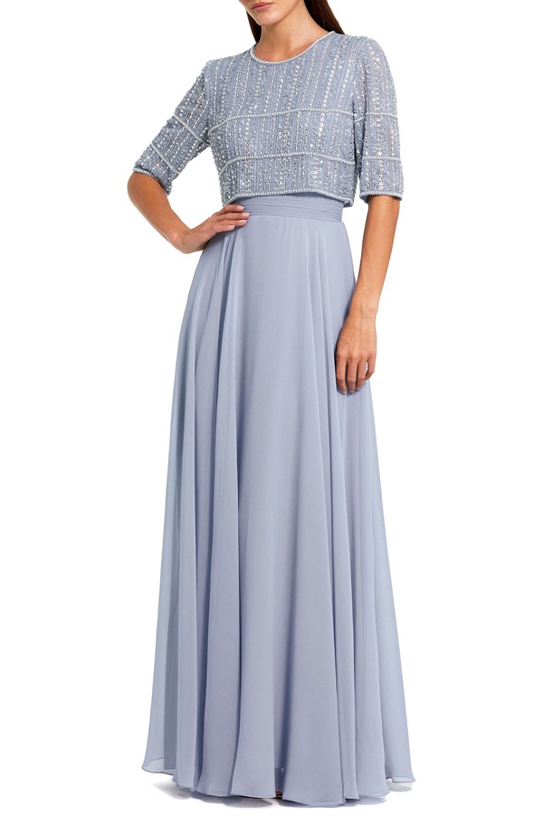 マックダガル レディース トップス ワンピース シフォン Mac Duggal Fully Beaded 3/4 Sleeves Top Chiffon Gown Powder Blue ブルー｜ReVida 店