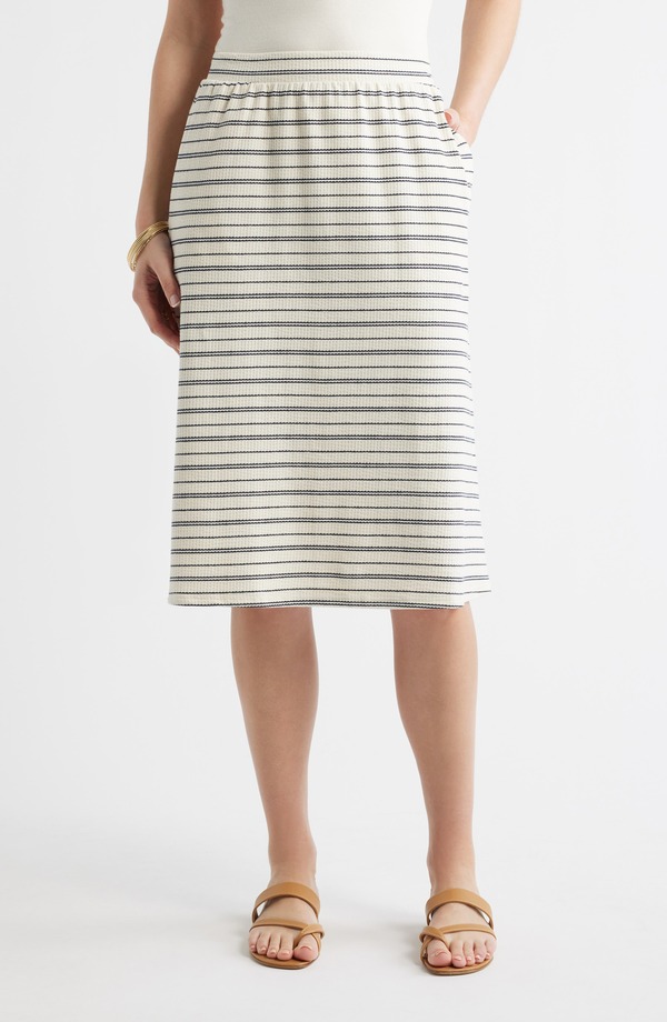 キャスロン レディース ボトムスカート A ライン ミディ コットン ニット Caslon Stripe Cotton Blend Knit A-Line Midi Skirt IVORY- NAVY STRIPE アイボリー|ReVida 店