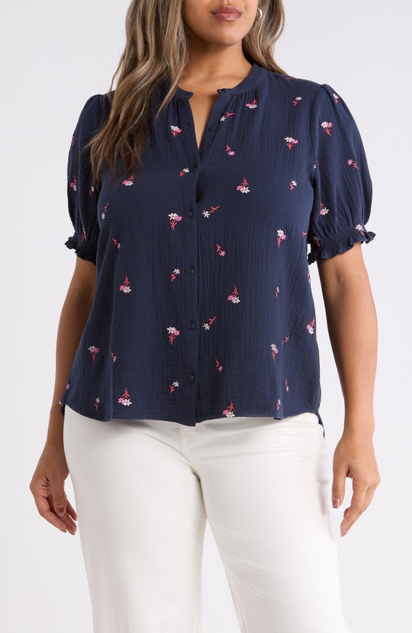 キャスロン レディース トップス シャツ プラスサイズ 刺繍 Caslon Embroide red Popover Top (Plus) NAVY- RED TOSSED BLOSSOMS ネイビー｜ReVida 店
