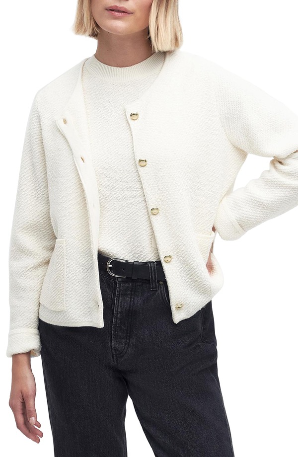 バブアー レディース アウター パーカー・スウェット ニット ジャケット Barbour Celeste Knit Jacket ANTIQUE WHITE ホワイト｜ReVida 店