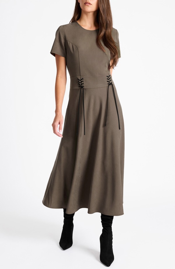 サントレッリ レディース トップス ワンピース レザー Santorelli Octavia Short Sleeve Dress with Leather Lacing Detail SAHARA｜ReVida 店