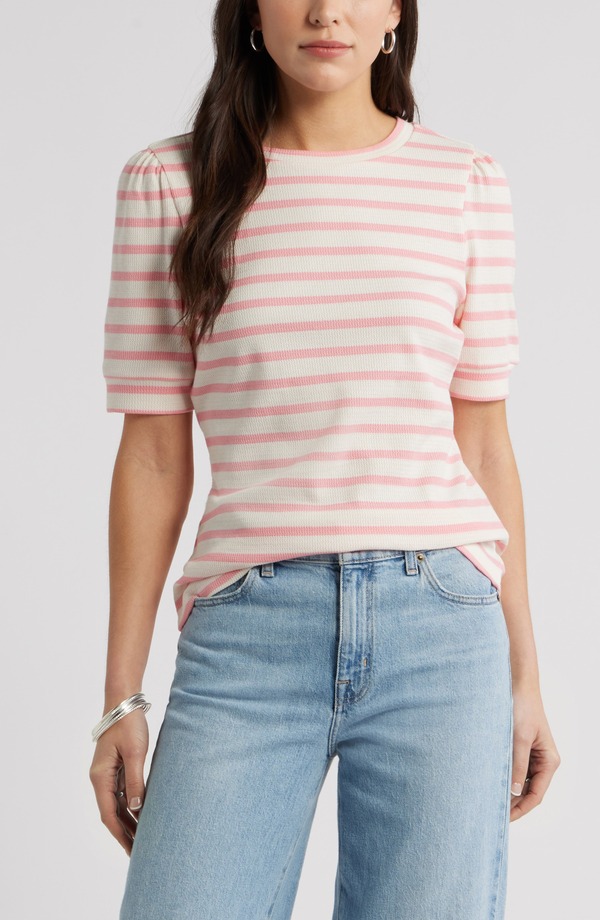 キャスロン レディース トップス シャツ コットン ニット Caslon Stripelbow Sleeve Cotton Knitop IVORY- PINK SENA STRIPE アイボリー｜ReVida 店 9,786円
