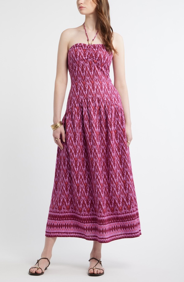 トレジャーアンドボンズ レディース ボトムス カジュアルパンツ マキシワンピース リネン マキシ ホルター Treasure & Bond Halter Neck Drop Waist Linen Blend Maxi Dress PINK- BURGUNDY DIAMOND IKAT バーガンディ|ReVida 店