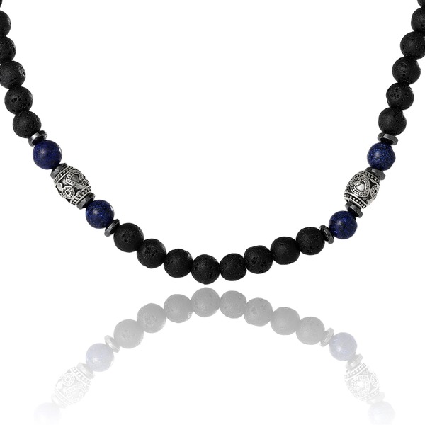 ラッキーブランド メンズ アクセサリー ネックレス・チョーカー レース Lucky Brand Men's Lava Rock & Lapis Beaded Necklace Silver-Tone Barrel Accents 22" Black ブラック｜ReVida 店 10,991円