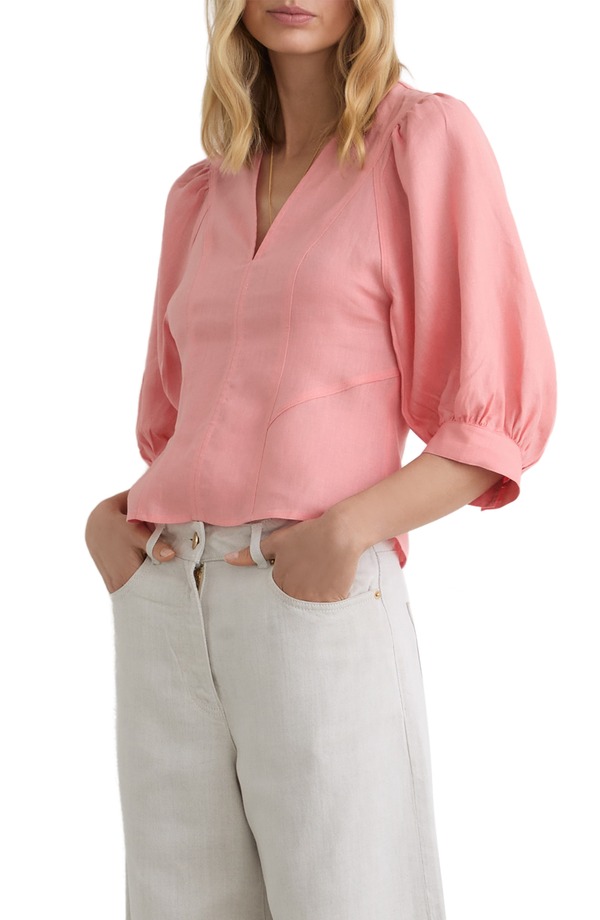 レイス レディース トップス シャツ リネン Reiss Evie Puff Sleeve Linen Top CORAL PINK ピンク|ReVida 店