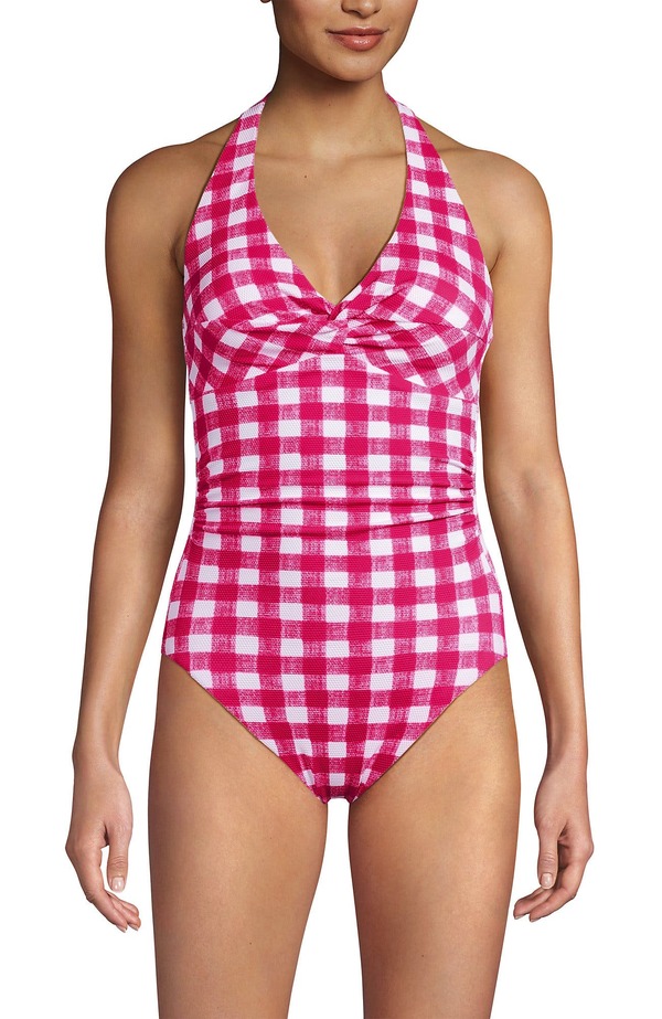 ランズエンド レディース トップス ワンピース プチ トール ホルター Lands' End Knotwist Halter One Piece (Petite Regular Tall) Azalea Pink Gingham Pique ピンク｜ReVida 店