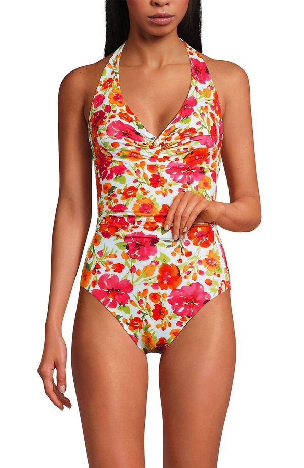 ランズエンド レディース トップス ワンピース プチ トール ホルター Lands' End Knotwist Halter One Piece (Petite Regular Tall) Multi Painted Blooms/White ホワイト|ReVida 店