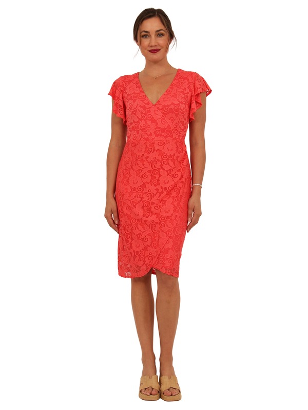 24 セブンコンフォート レディース トップス ワンピース Vネック ミディ レース 24seven Comfort Apparel Womens Elevate Lace V-Neck Flutter Sleeve Faux Wrap Midi Dress Coral コーラル｜ReVida 店