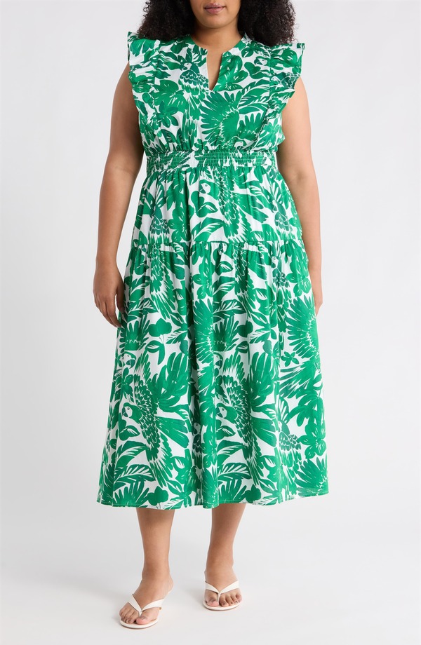シュガーリップス レディース トップス ワンピース プラスサイズ プリント フリル ミディ SUGARLIPS Masey Tropical Print Ruffle Midi Dress (Plus) WHITE-GREENS ホワイト|ReVida 店