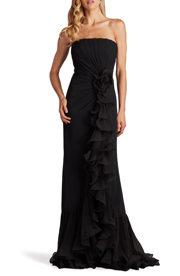 タダシショージ レディース トップス ワンピース フリル ストラップレス Tadashi Shoji Ruffle Detail Strapless Gown BLACK ブラック｜ReVida 店