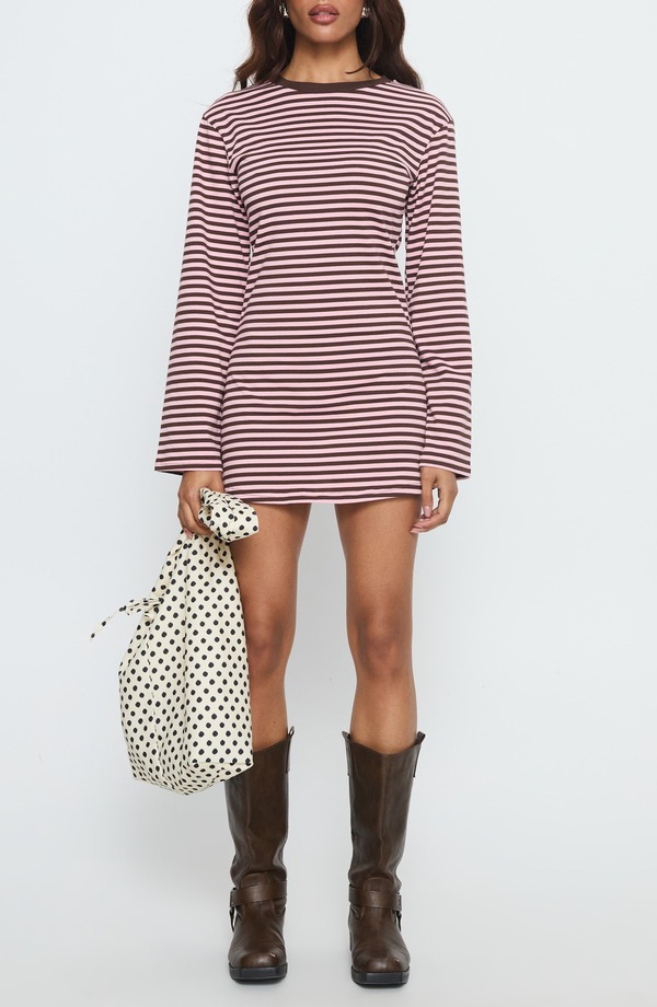 プリンセスポリー レディース ボトムス カジュアルパンツ ミニワンピース ミニ Tシャツ Princess Polly Lulolah Stripe Long Sleeve T-Shirt Minidress CHOCOLATE / PINK STRIPE ピンク｜ReVida 店