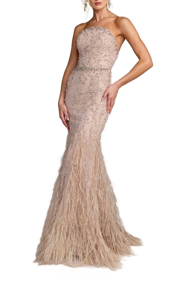 マックダガル レディース トップス ワンピーストラップレス Mac Duggal Strapless Beaded Netrumpet Gown With Feathers Champagne シャンパン|ReVida 店