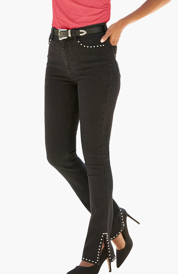 ラスカーナ レディース ボトムス デニムパンツ ジーンズ LASCANA Embellished Split Hem Jeans Black Wash ブラック｜ReVida 店