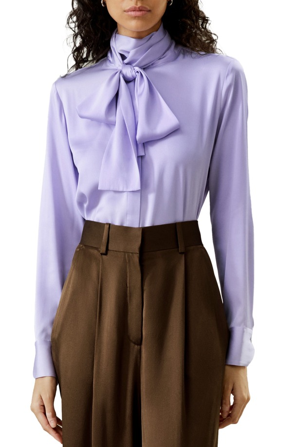 リリーシルク レディース トップス シャツ タートルネック ブラウス Lilysilk Women'silk Turtleneck Ribbon Blouse Lilac ライラック｜ReVida 店