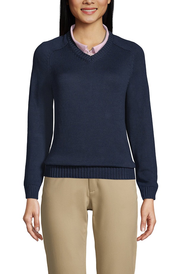 ランズエンド レディース アウター ニット・セーター Vネック コットン Lands' End School Uniform Young Cotton Modal V-neck Sweater Classic Navy ネイビー｜ReVida 店 12,690円