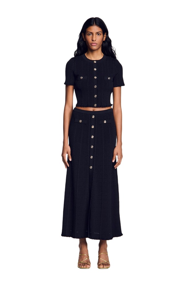 サンドロ レディース アウター パーカー・スウェット カーディガン クロップド ニット SANDRO Cropped pointelle knit cardigan Black ブラック｜ReVida 店