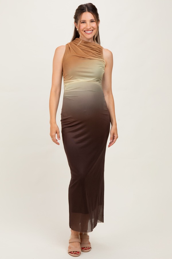 ピンクブラッシュ レディース トップス ワンピース ギャザー メッシュ ミディ ノースリーブ マタニティ PinkBlush Ombre Mesh Ruched Sleeveless Midi Dress (Maternity) Brown ブラウン｜ReVida 店
