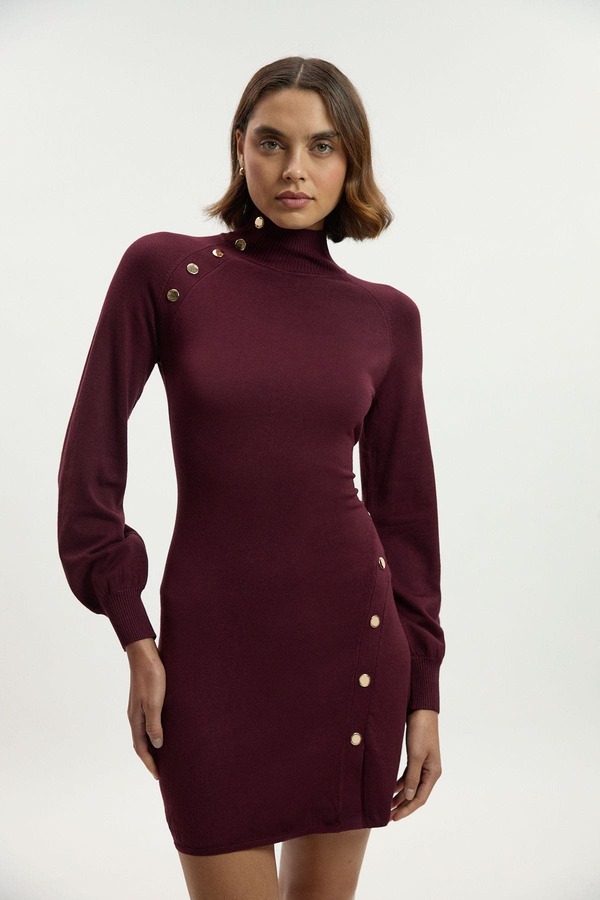 カレンミレン レディース トップス ワンピース ミニット Karen Millen Viscose Blend Popper Knit Mini Dress Burgundy バーガンディ｜ReVida 店