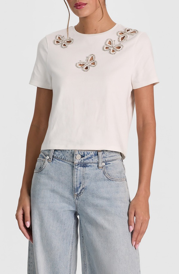 アリス アンド オリビア レディース トップス シャツ クロップド Alice + Olivia Cindy Embellished Cropped Tee OFF WHITE/ SILVER CRYSTAL オフホワイト|ReVida 店