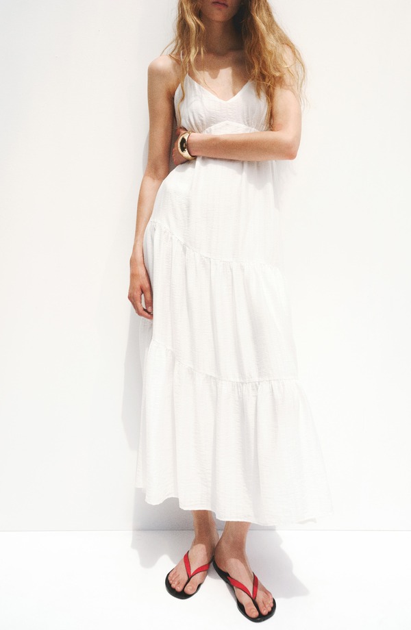 マンゴ レディース トップス ワンピース A ライン フリル MANGO Ruffled A-Line Dress WHITE ホワイト｜ReVida 店