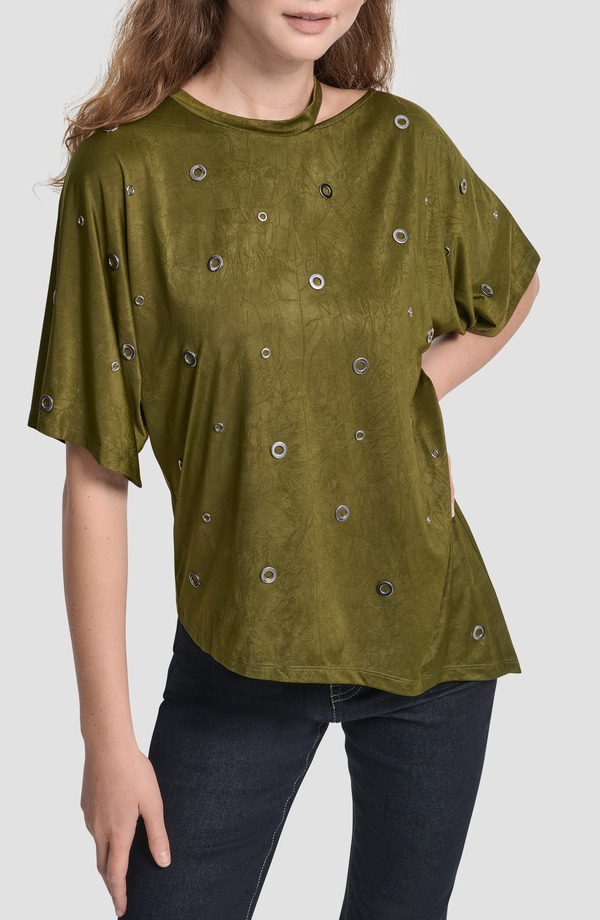 ダナ キャラン ニューヨーク レディース トップス シャツ カットアウト ニット DKNY Grommet Cutout Knitop DARK OLIVE オリーブ｜ReVida 店 20,986円