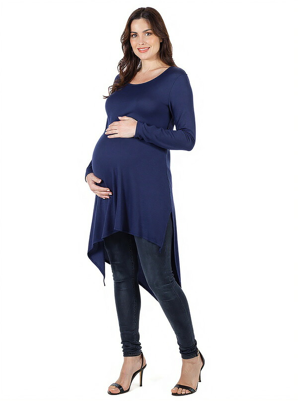 24 セブンコンフォート レディース トップス シャツ アシンメトリー ひざ丈 マタニティ 24seven Comfort Apparelong Sleeve Knee Length Asymmetrical Maternity Tunic Top (Maternity) Navy ネイビー｜ReVida 店