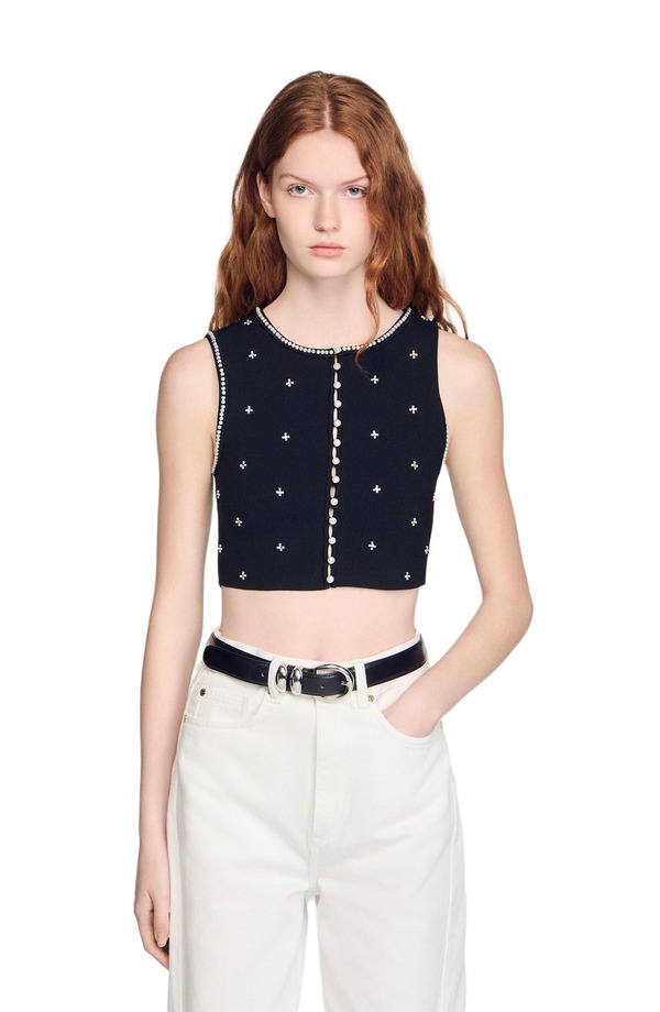 サンドロ レディース トップス シャツ 刺繍 ニット SANDRO Jewelled embroide red knit crop top Black ブラック|ReVida 店